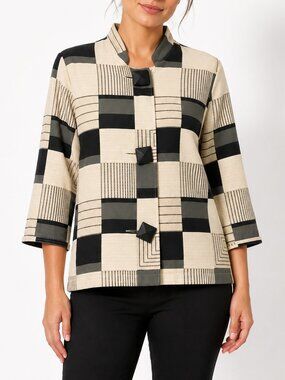 Vintage Painted Pony USA Womens S Geometric Jacket Art Wear Black Beige Rayon